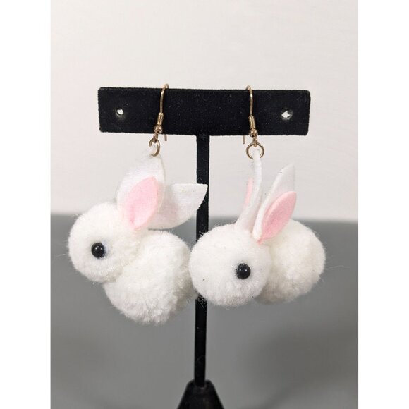 White Pom Pom Rabbit Dangle Earrings Easter Fuzzy - Picture 1 of 5